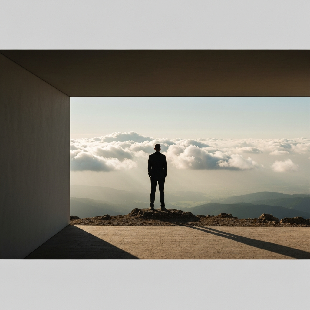 A wide shot of a person standing on a mountaintop, gazing out at a vast, hazy landscape. The person is silhouetted against the sky, and the scene conveys a sense of awe and wonder. Golden hour lighting emphasizes the clouds.