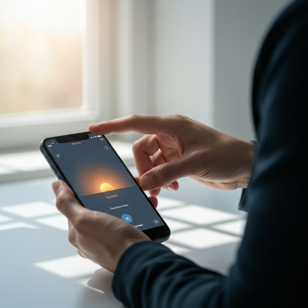 Athlete setting an alarm on a modern smartphone, with a subtle sunrise simulation app displayed in the background. Soft focus on the phone screen, with natural window light illuminating the athlete's hand.