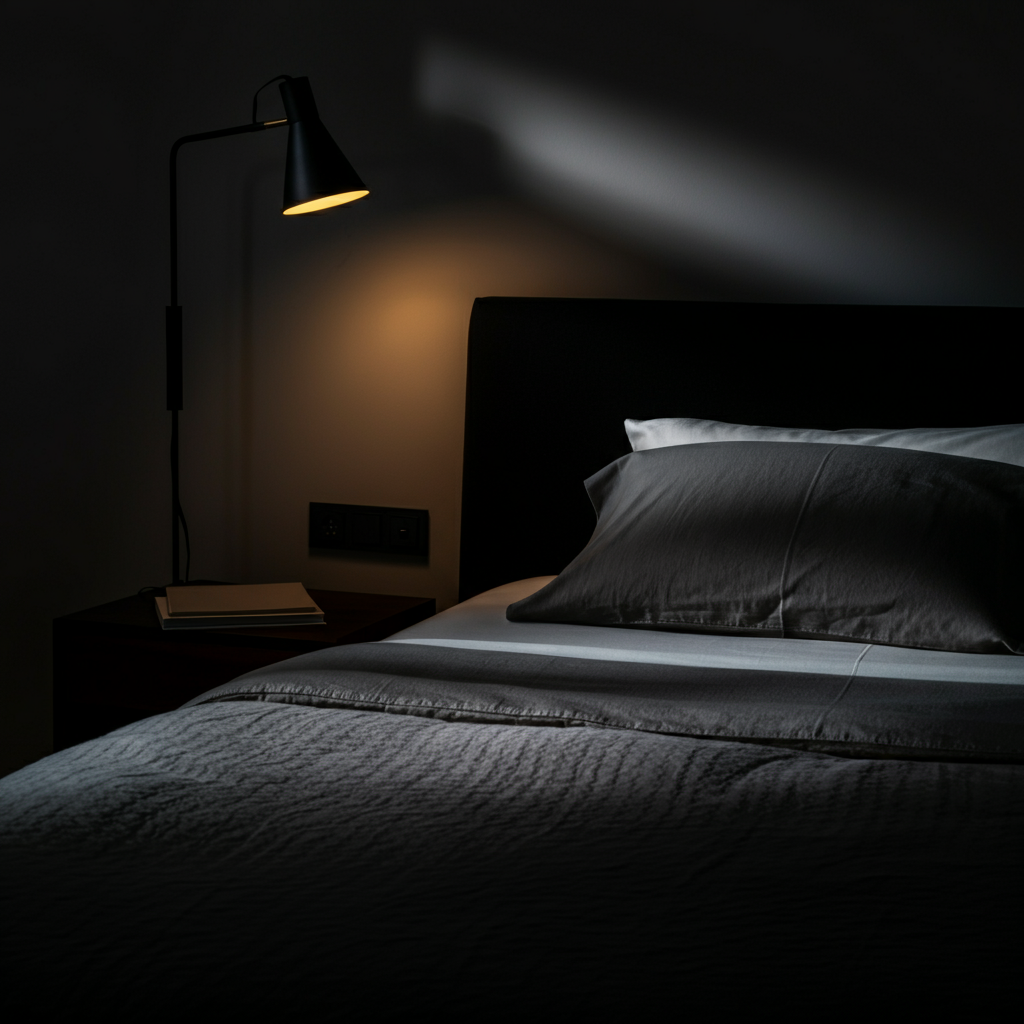 Close-up of a meticulously made bed in a darkened room. The bedsheets are high-thread-count cotton, softly lit by a single lamp with a low-wattage bulb, casting gentle shadows on the textured comforter.