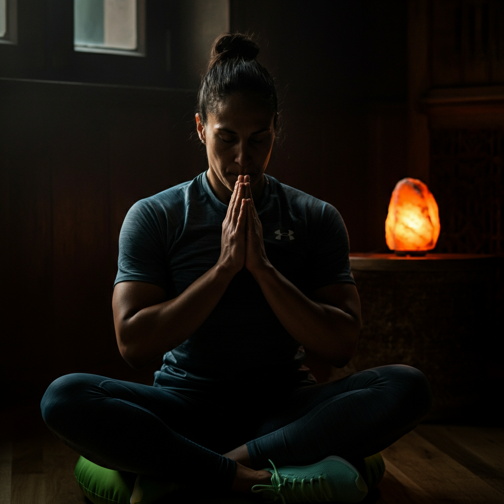 An athlete sitting comfortably in a dimly lit room, practicing mindful breathing. The athlete is seated on a meditation cushion, with a softly glowing Himalayan salt lamp in the background. The scene conveys serenity and peace.
