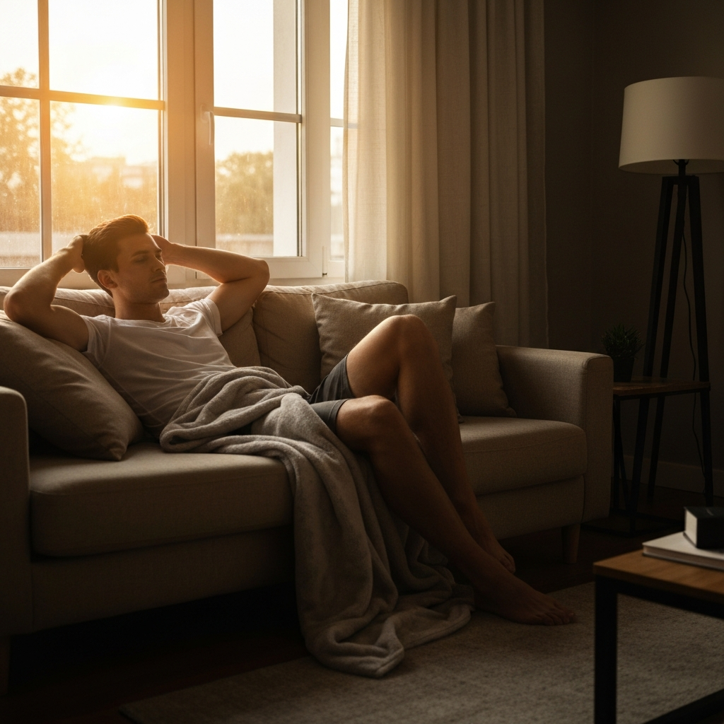 An athlete resting on a comfortable couch in a sun-drenched living room. A soft blanket is draped over the athlete, and the scene conveys a sense of relaxed tranquility. Golden hour lighting streams through the window.