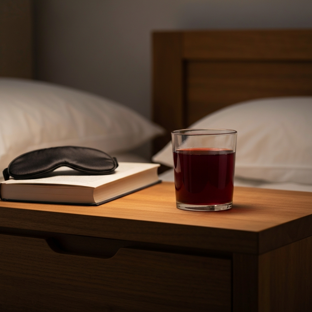 A close-up of a glass of tart cherry juice on a wooden bedside table, next to a book and a sleep mask. The lighting is soft and warm, emphasizing the natural textures of the wood and the deep red color of the juice.