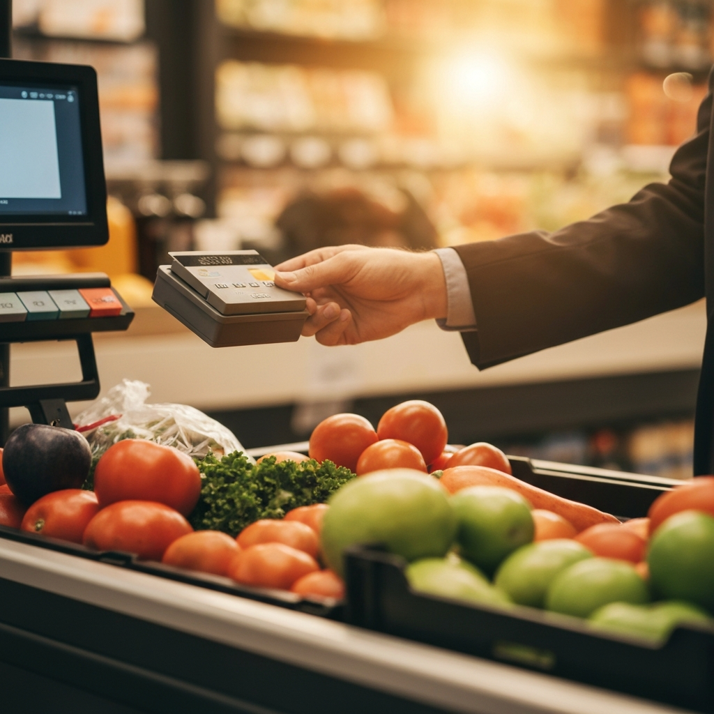 A person uses a credit card to pay for groceries at a supermarket checkout. Warm, golden hour lighting highlights the colors of the produce and packaging.