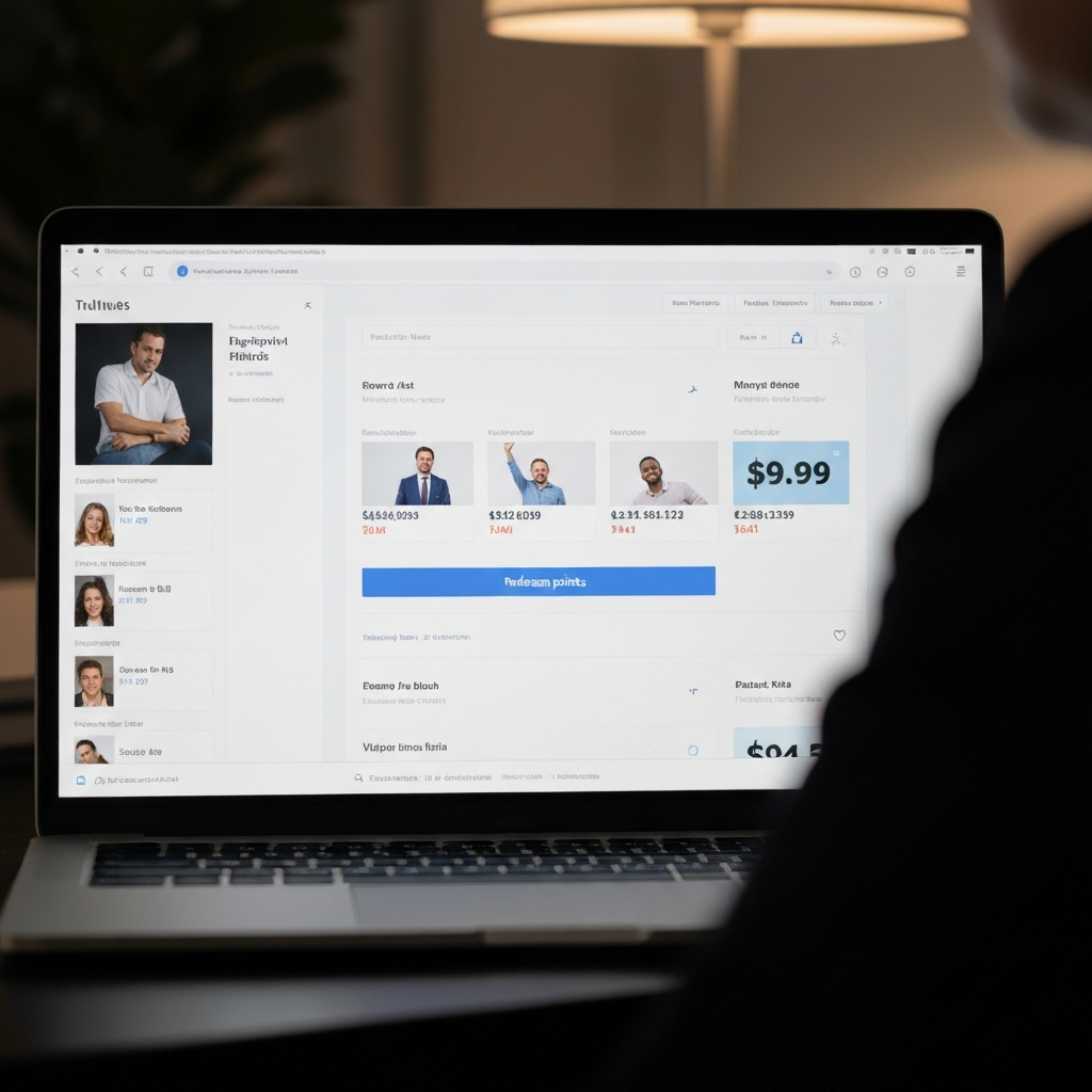 A laptop screen displaying a flight booking website with various flight options and prices. The focus is on the "redeem points" button. Soft, ambient lighting in the room.