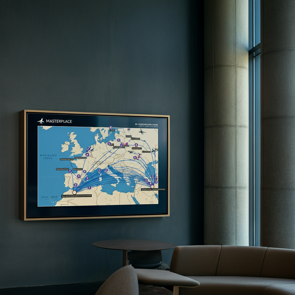 A map of a region with multiple airports highlighted. Lines indicate potential flight routes between the airports. The map is displayed on a large screen in a travel agency.