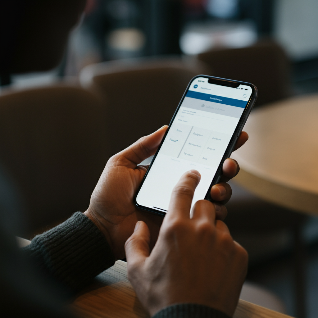 A close-up shot of a hand using a budgeting app on a smartphone. Soft, diffused lighting highlights the screen, showing categories like "rent," "food," and "entertainment." The background is blurred, suggesting a coffee shop environment.