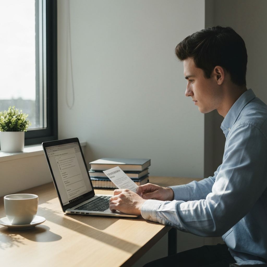 A young adult sitting at a desk, reviewing a credit report on a laptop. Natural light streams in from a window, illuminating the laptop screen and casting soft shadows on the desk.