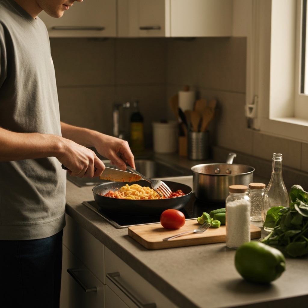 A brightly lit kitchen with a young adult cooking a simple meal, like pasta with tomato sauce. The focus is on the hands chopping vegetables and stirring the sauce, with a variety of kitchen utensils and ingredients neatly arranged on the countertop.