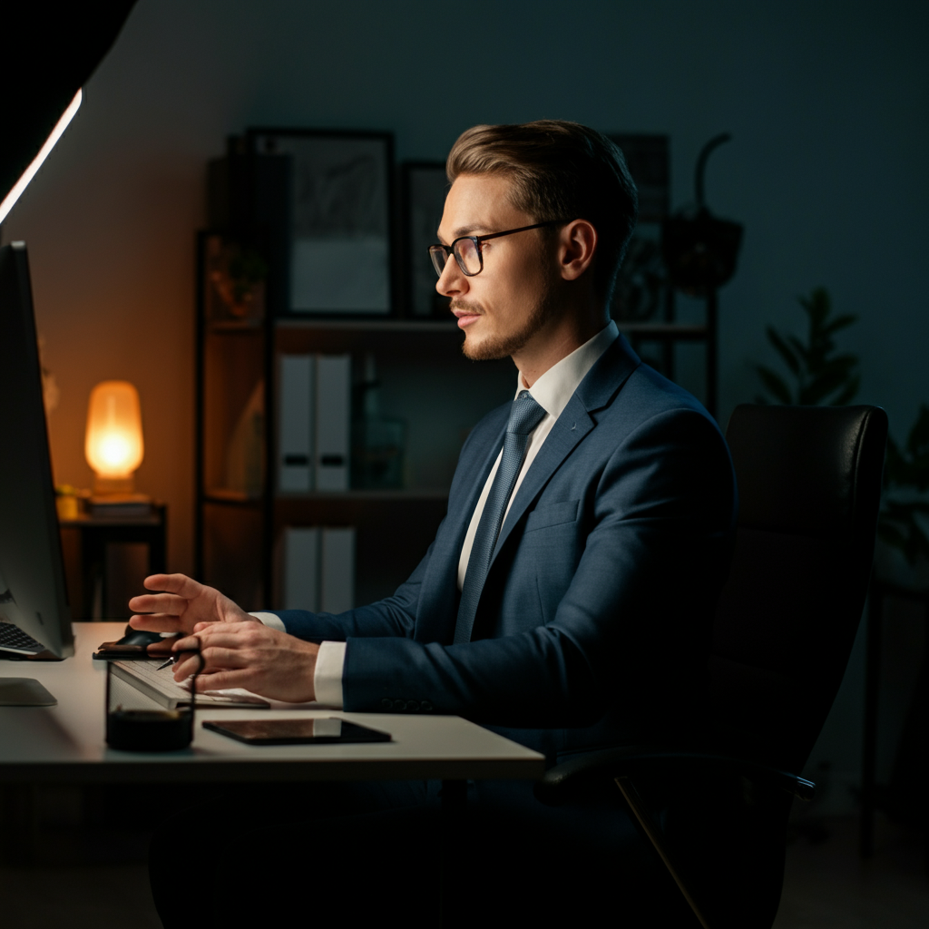 A person dressed professionally, participating in a video call interview. The background shows a clean and organized home office setup with soft, ambient lighting.