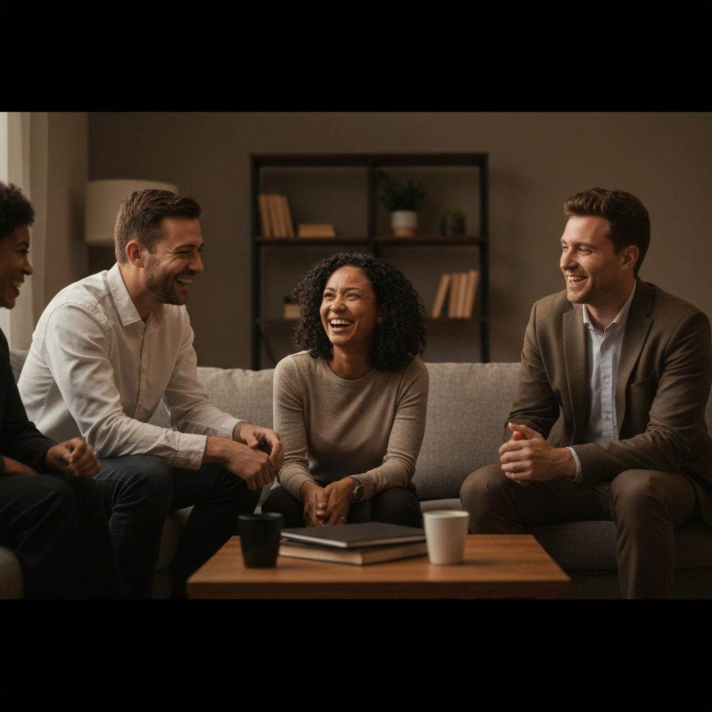 A group of diverse friends laughing and talking together in a cozy living room setting. Warm lighting and comfortable furniture create a sense of intimacy and connection.