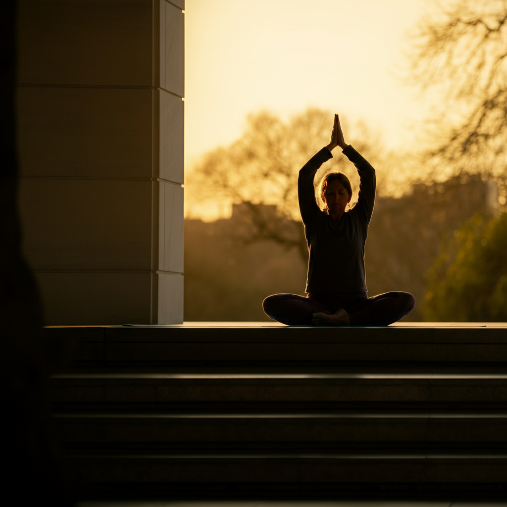 A person practicing yoga outdoors in a park with golden hour lighting. The focus is on the person's silhouette against the warm sky, with soft bokeh in the background.