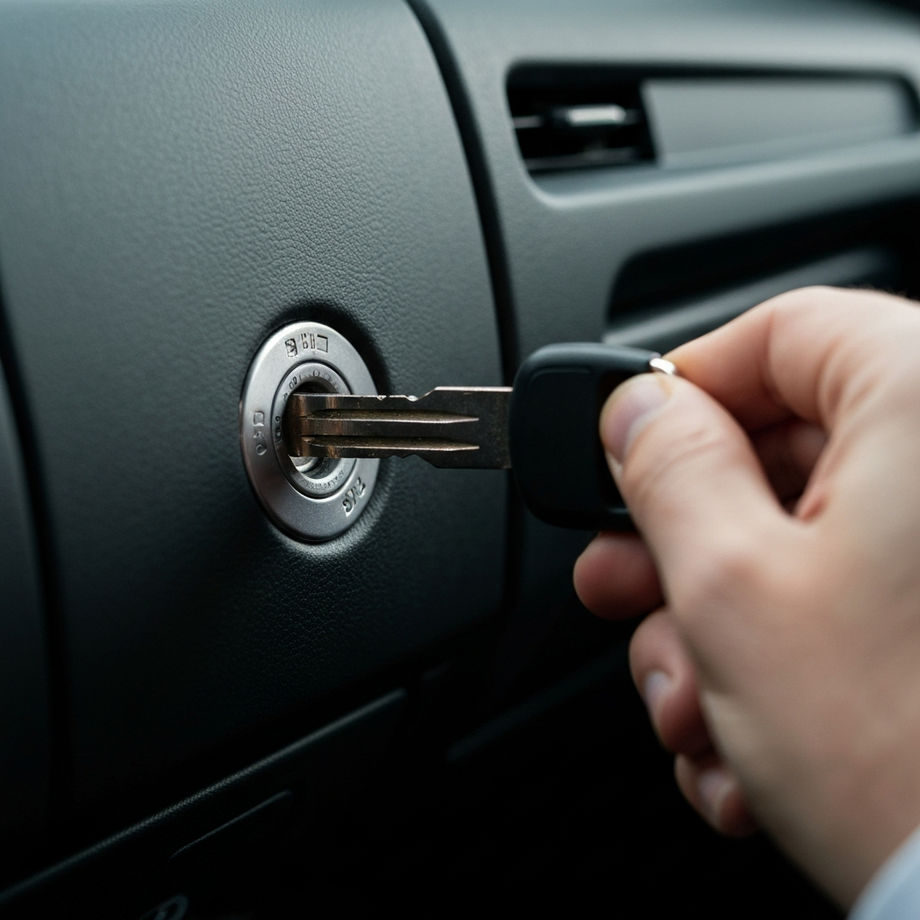 Close-up shot of a car's ignition switch with a key being inserted. Soft, diffused lighting highlights the texture of the dashboard. The key reflects a glint of light, suggesting the moment of ignition.
