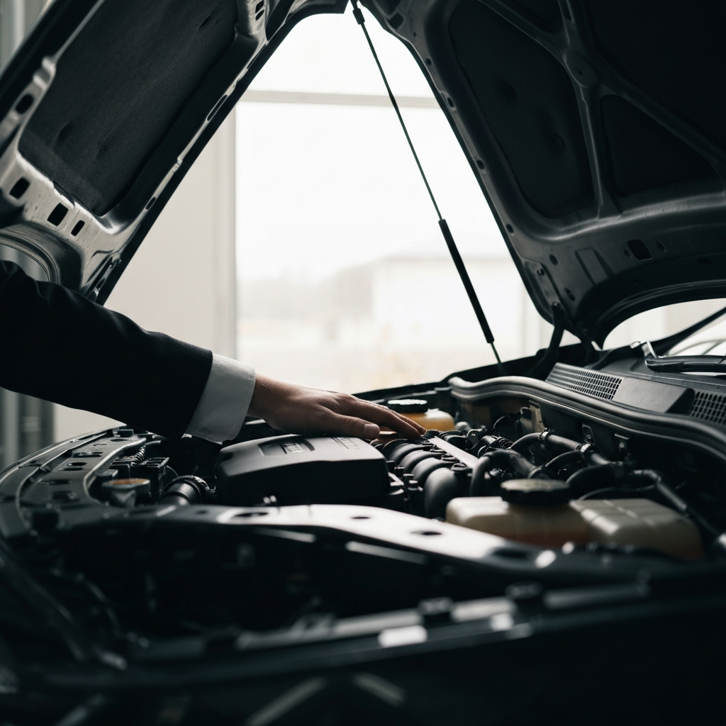Side view of a car engine idling in a garage with the hood open. The engine bay is softly lit, showcasing the various components without harsh shadows. A mechanic's hand is gently resting on the engine block, as if feeling for vibrations.