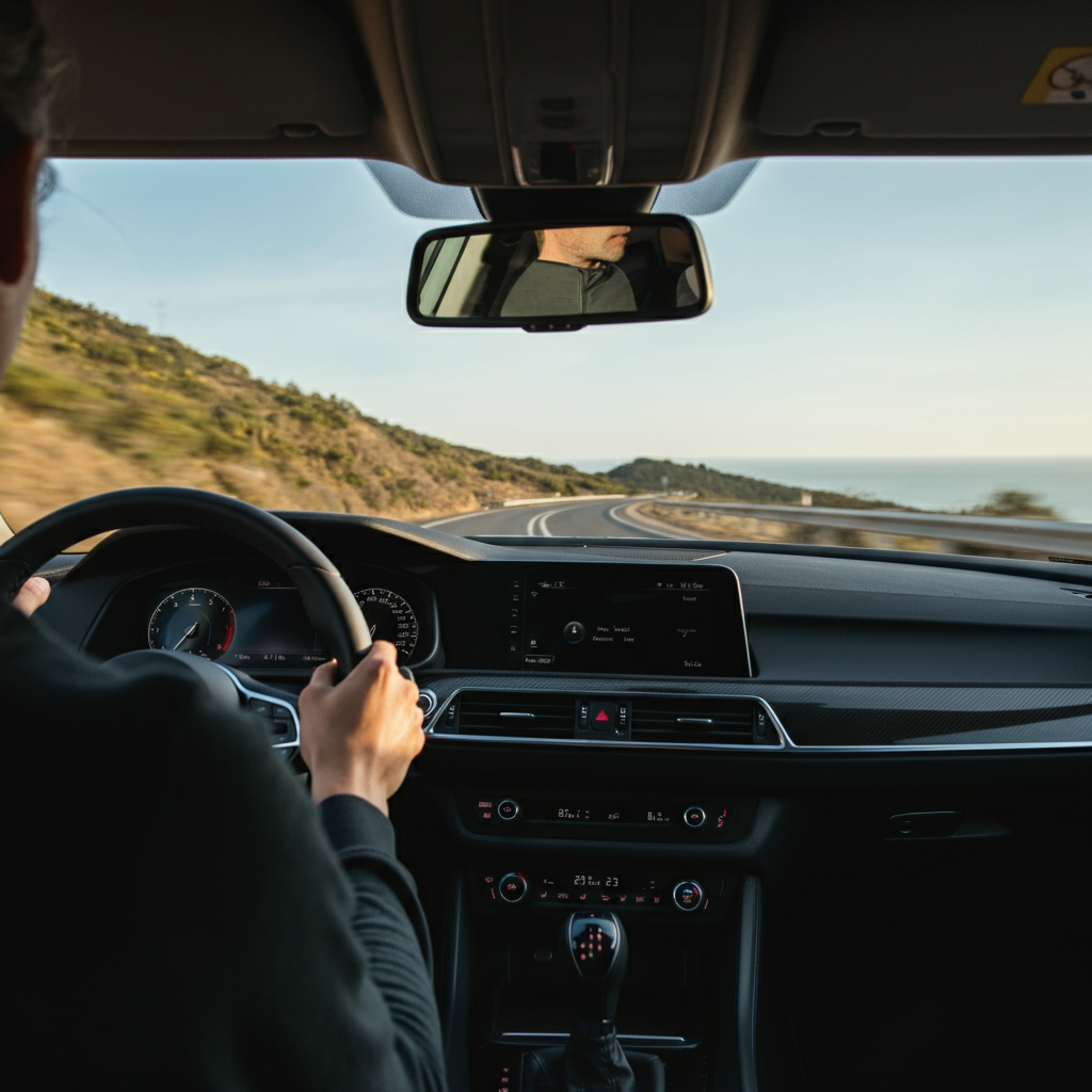 Interior shot from the driver's perspective, looking out at a winding road on a sunny day. The dashboard is in focus, with soft bokeh blurring the background scenery. The driver's hands are lightly gripping the steering wheel.