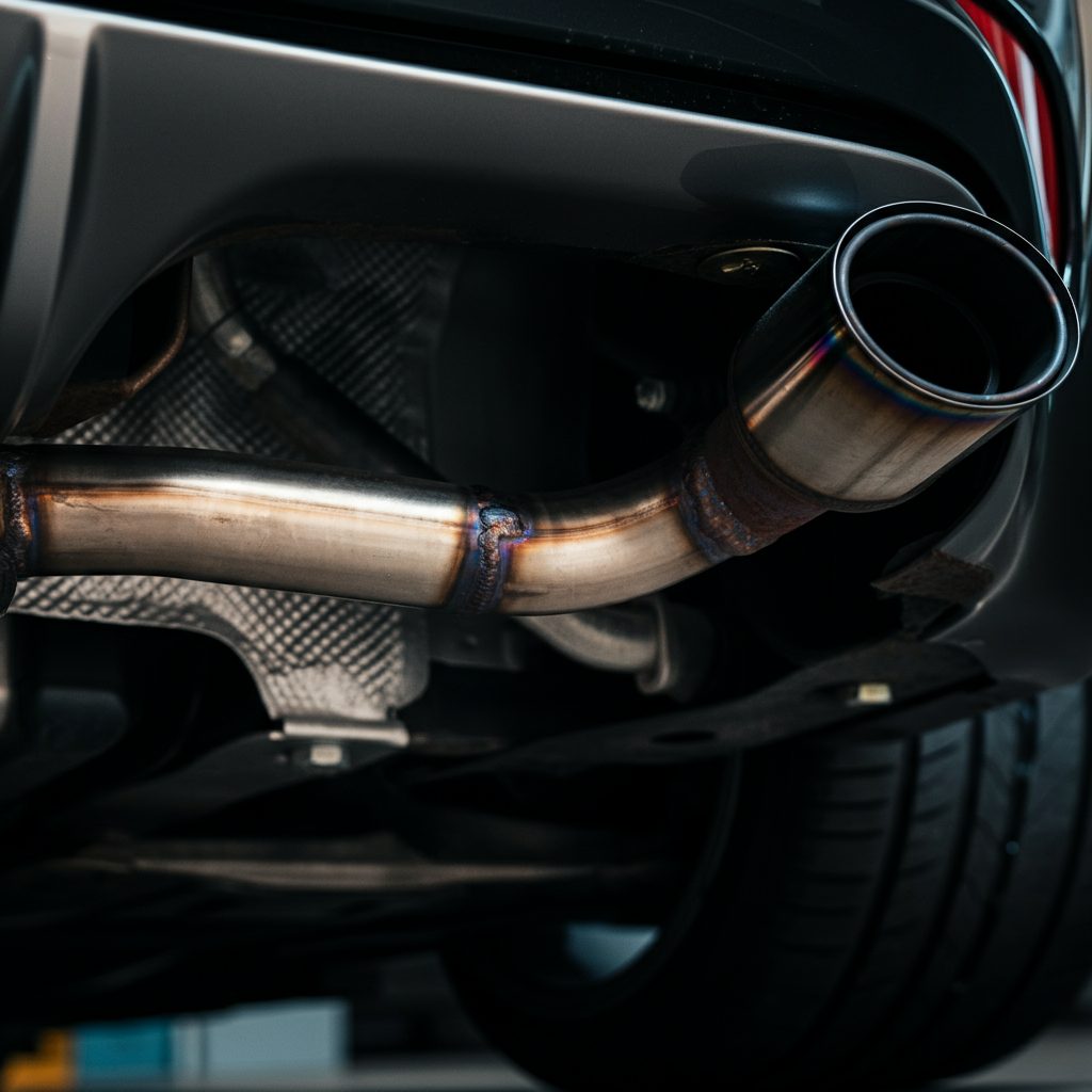A close-up of the underside of a car, focusing on the exhaust pipe and muffler. The metal is slightly rusty but clean, with soft side-lighting highlighting the texture. The shot is taken from a low angle, emphasizing the components.