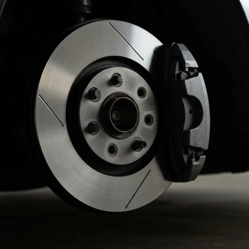 Close-up of a car's brake rotor and caliper. The rotor is clean and metallic, with the brake pad visible. Soft lighting casts a subtle shadow, emphasizing the shape of the components. 