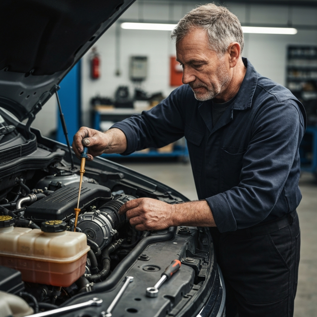 Mechanic checking the power steering fluid level in a car. He is holding the dipstick, examining the fluid's color and consistency. The engine bay is well-lit, showing the details of the power steering components.