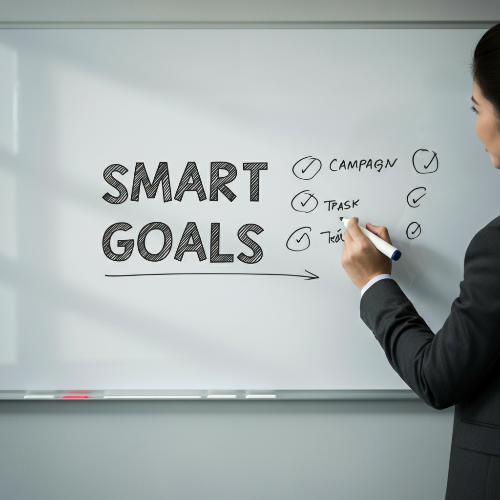 A whiteboard in a brightly lit conference room. The words "SMART GOALS" are written in bold marker. A hand is writing underneath, adding details about a specific campaign. The lighting is even and professional, highlighting the texture of the whiteboard.