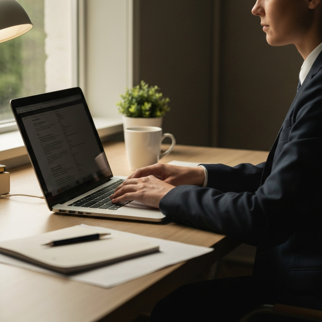 A writer's desk. A person's hands are typing on a laptop. The desk is tidy, with a mug of coffee and a small plant. Natural light streams in from a nearby window, casting a warm glow on the scene.