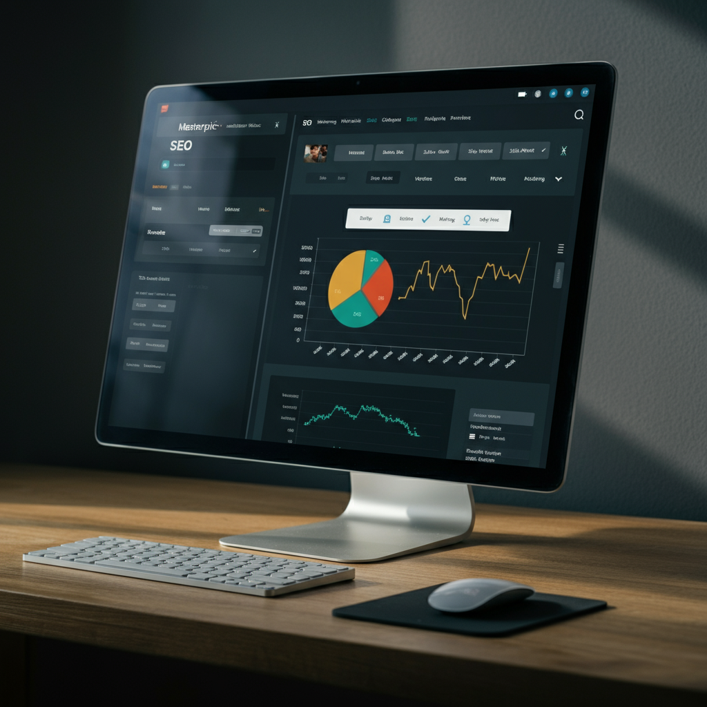 A computer screen displaying an SEO dashboard. Charts and graphs show website traffic and keyword rankings. The lighting is bright and focused, highlighting the data on the screen.