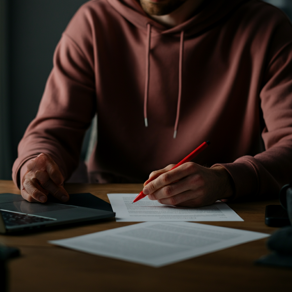 A person sitting at a desk, carefully reviewing a printed document with a red pen. They are focused and meticulous, checking for errors. The lighting is soft and natural, creating a comfortable atmosphere.
