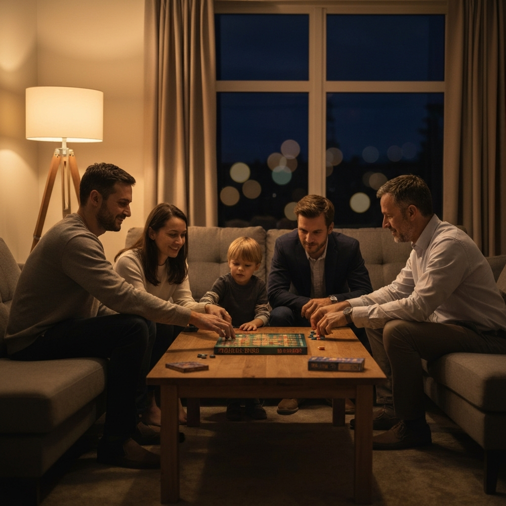 A warmly lit living room at dusk. A family of four is playing a board game around a wooden coffee table. Soft bokeh background with a lamp casting a gentle glow.