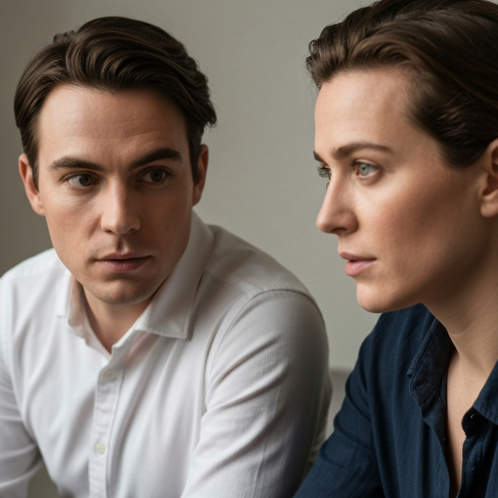 A close-up shot of two people sitting across from each other, engaged in a conversation. The focus is on their eyes and facial expressions. Side-lit textures on their skin show genuine emotional connection.