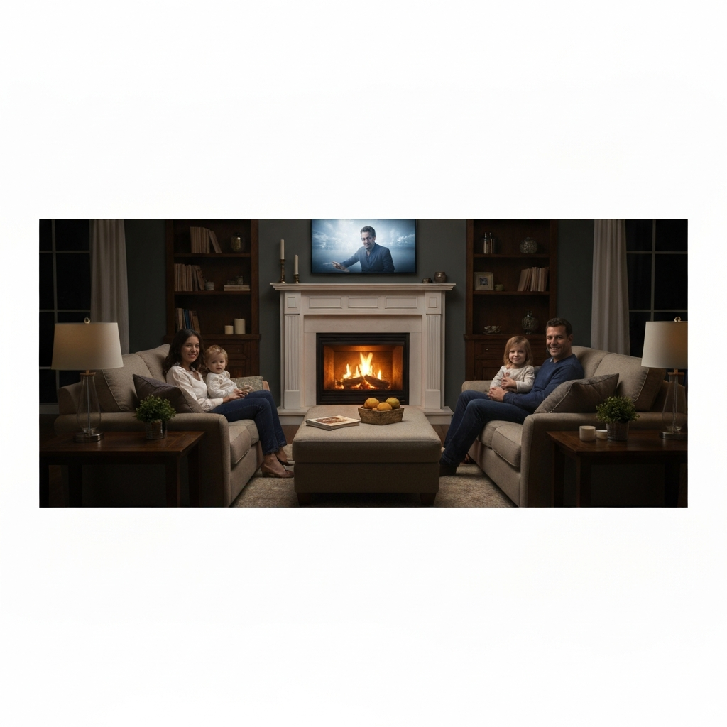 A warmly decorated living room with a fireplace. A family is snuggled up on the couch, watching a movie together. The fireplace provides a cozy and inviting atmosphere.
