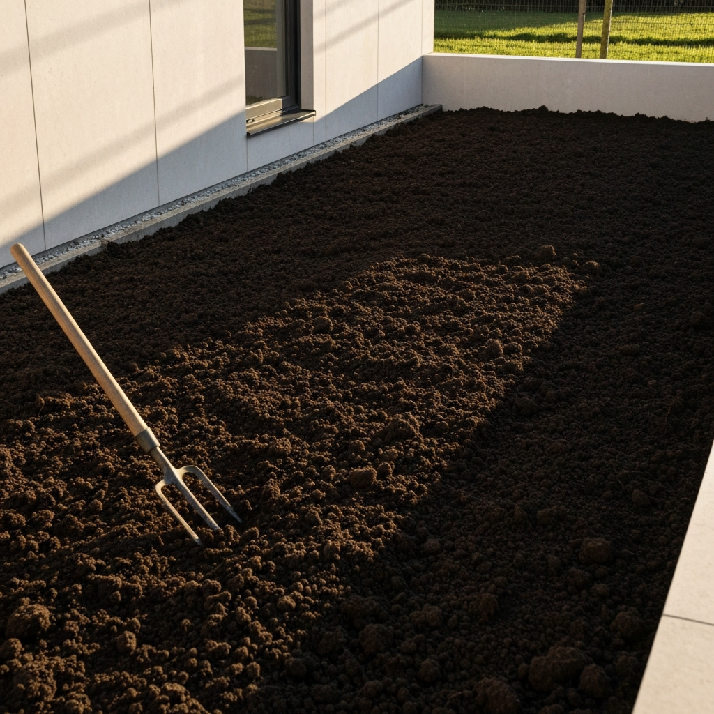 Wide shot of a neatly cleared garden bed with dark, rich soil. A gardening fork rests on the edge. Golden hour lighting bathes the scene, creating long shadows and highlighting the texture of the soil.