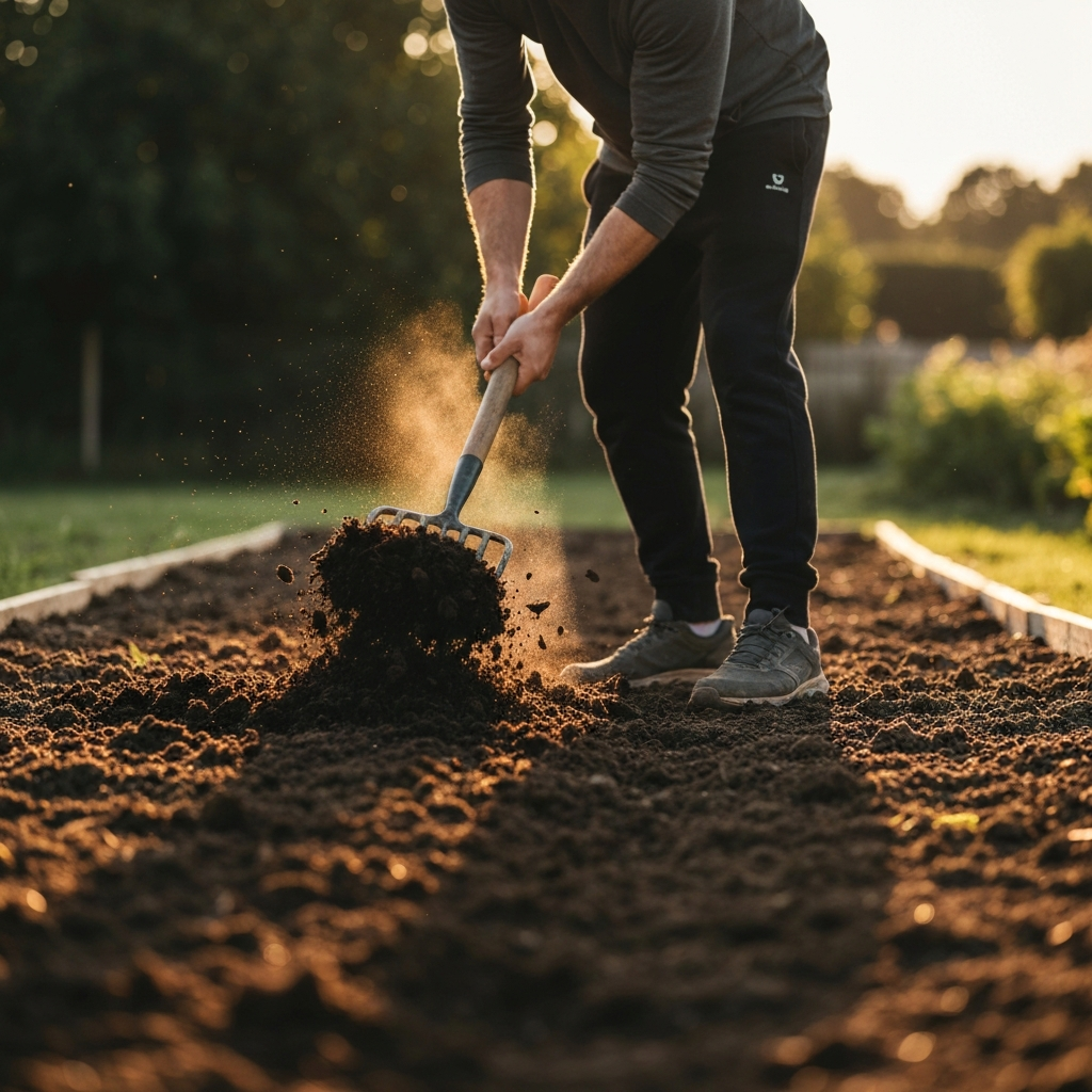 Medium shot of a man mixing compost into a garden bed using a gardening fork. The compost is dark and rich, contrasting with the lighter soil. Backlighting highlights the dust motes in the air, creating a sense of depth.