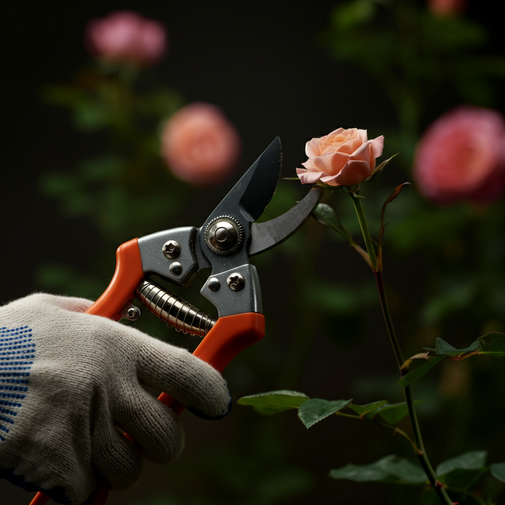 Close-up of a hand wearing a gardening glove using pruning shears to trim a rose bush. The shears are clean and sharp, and the cut is precise. Soft bokeh in the background creates a blurred effect.