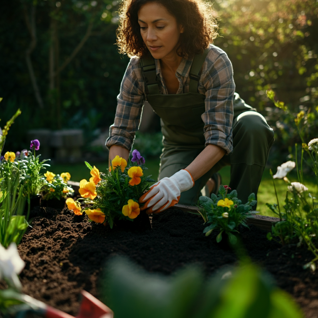 Medium shot of a woman planting flowers in a garden bed. She is wearing gardening gloves and carefully placing the plants in the soil. Sunlight filters through the leaves of nearby trees, creating dappled shadows on the ground.
