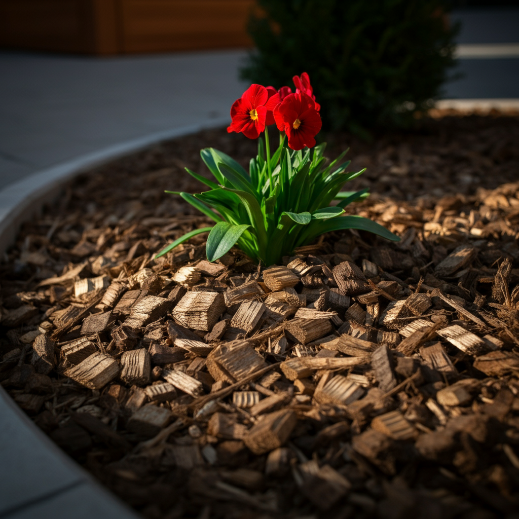 Close-up of wood chip mulch surrounding a newly planted flower. The mulch is evenly distributed and provides a clean, natural look. Side-lit textures emphasize the rough texture of the wood chips.