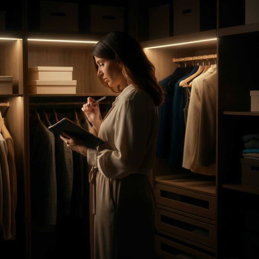 A woman standing in front of a walk-in closet filled with organized clothing. Soft, diffused light illuminates the clothes, highlighting textures and colors. The woman holds a notepad and pen, thoughtfully examining a garment. The closet features wooden shelves and hanging rods, adding warmth and texture to the scene.