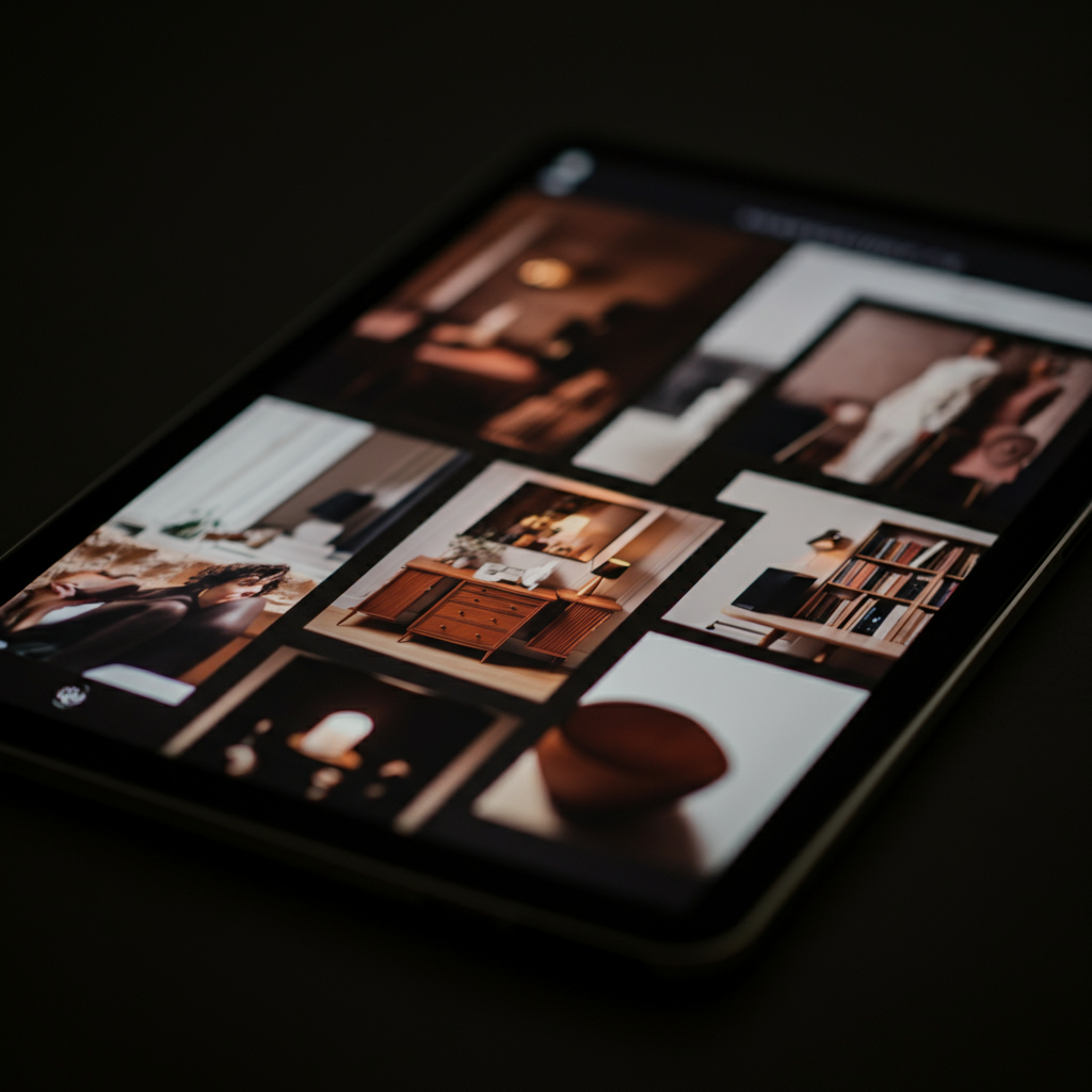 A close-up of a digital mood board on a tablet screen. The board features a curated collection of fashion photographs, fabric swatches, and color palettes. Soft bokeh highlights the textures of the images. Warm light reflects off the screen.