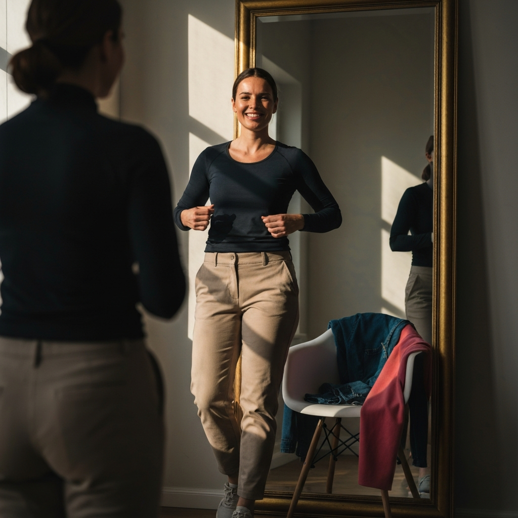 A woman standing in front of a mirror, trying on different outfit combinations. She smiles confidently, adjusting her clothing. Natural light streams through a window, casting soft shadows on her face. Various clothing items are draped over a chair nearby.
