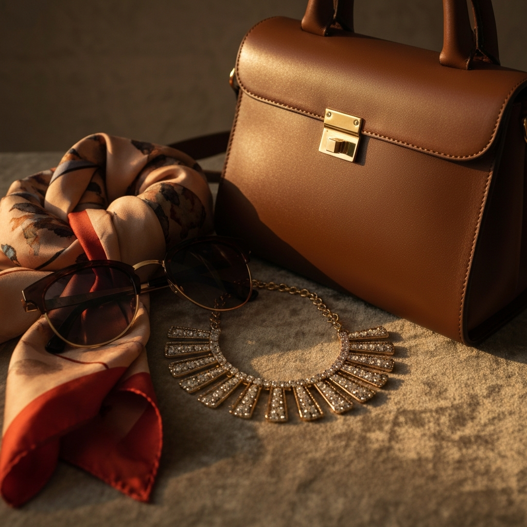 A close-up of a collection of stylish accessories, including a leather handbag, a silk scarf, a pair of sunglasses, and a statement necklace. The accessories are arranged on a textured surface, such as velvet or linen. Soft, golden hour lighting creates a warm and inviting atmosphere.