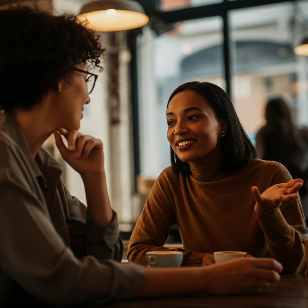 A woman chatting with a friend at a coffee shop, both smiling. The woman is wearing a stylish outfit, and the friend is gesturing thoughtfully while offering feedback. Soft, natural light illuminates the scene, creating a relaxed and comfortable atmosphere.