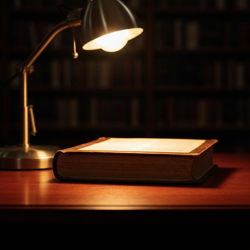 A close-up of a worn leather-bound book resting on a mahogany desk, illuminated by the warm glow of a desk lamp. Soft bokeh blurs the background, suggesting a vast library. The book is slightly open, revealing dense text.