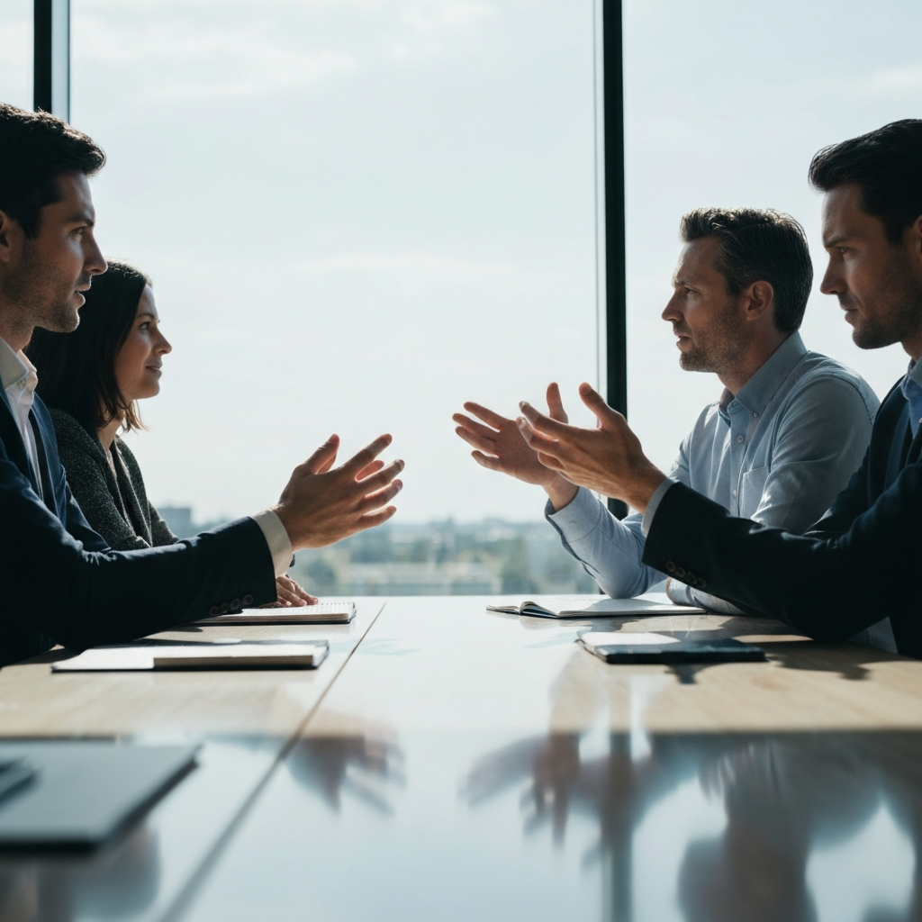 A side-lit shot of three people sitting around a polished conference table, engaged in attentive conversation. Natural light streams through a large window, casting long shadows across the table. The focus is on their hands gesturing thoughtfully.