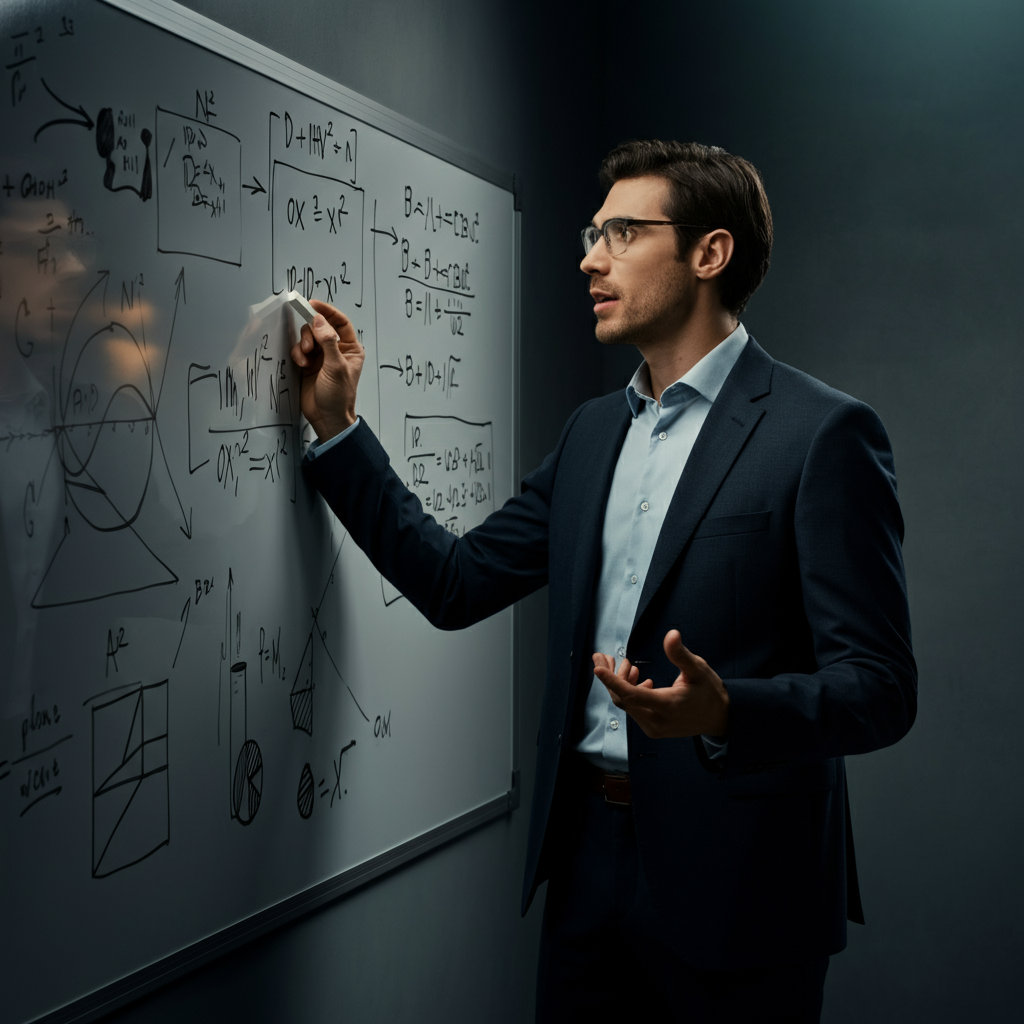 A professor stands in front of a whiteboard, gesturing with a piece of chalk. The whiteboard is filled with diagrams and equations. The lighting is bright and even, highlighting the professor's animated expression.