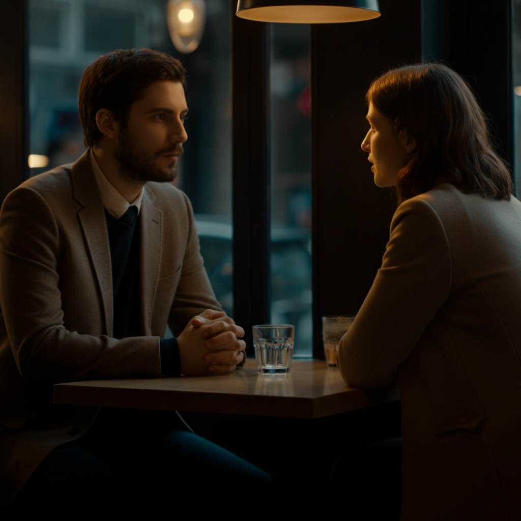 Two people are seated across from each other in a brightly lit cafe. They maintain eye contact, and one person leans forward attentively while the other speaks. The focus is on their expressions of engagement and understanding.