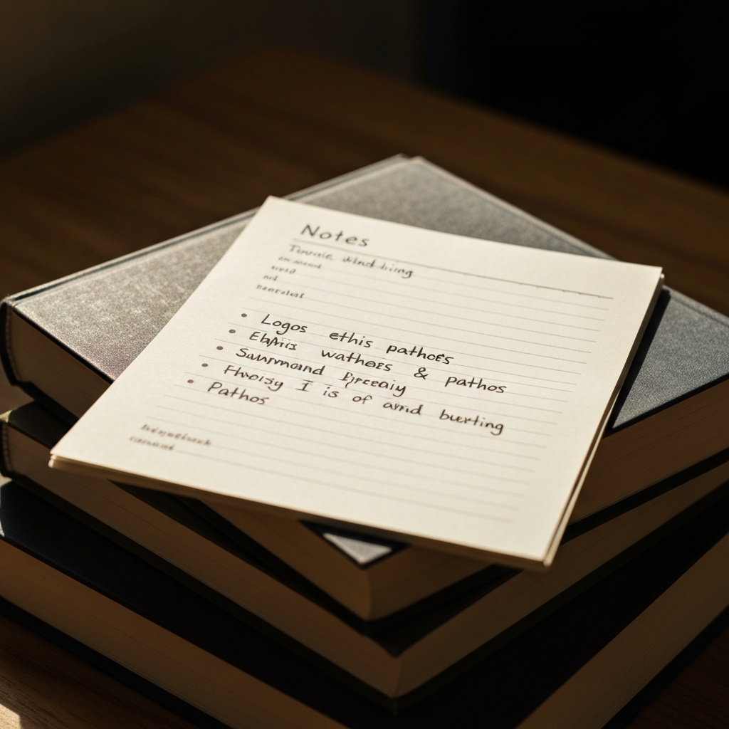 A close-up of a handwritten note containing bullet points summarizing logos, ethos, and pathos. The note is lying on top of a stack of books, illuminated by natural light.
