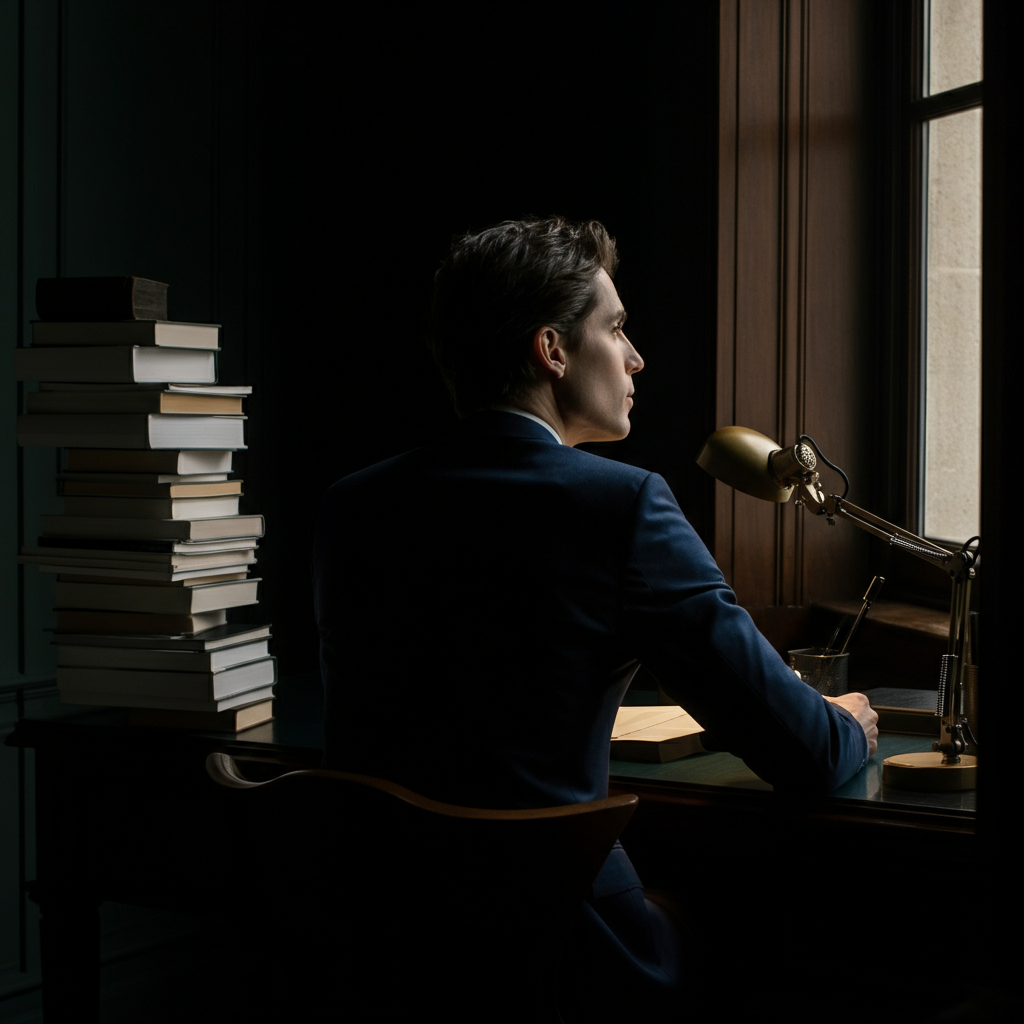 A person sits at a desk, gazing thoughtfully out of a window. The room is filled with books and papers, suggesting a life of intellectual exploration. The lighting is soft and diffused, creating a pensive atmosphere.
