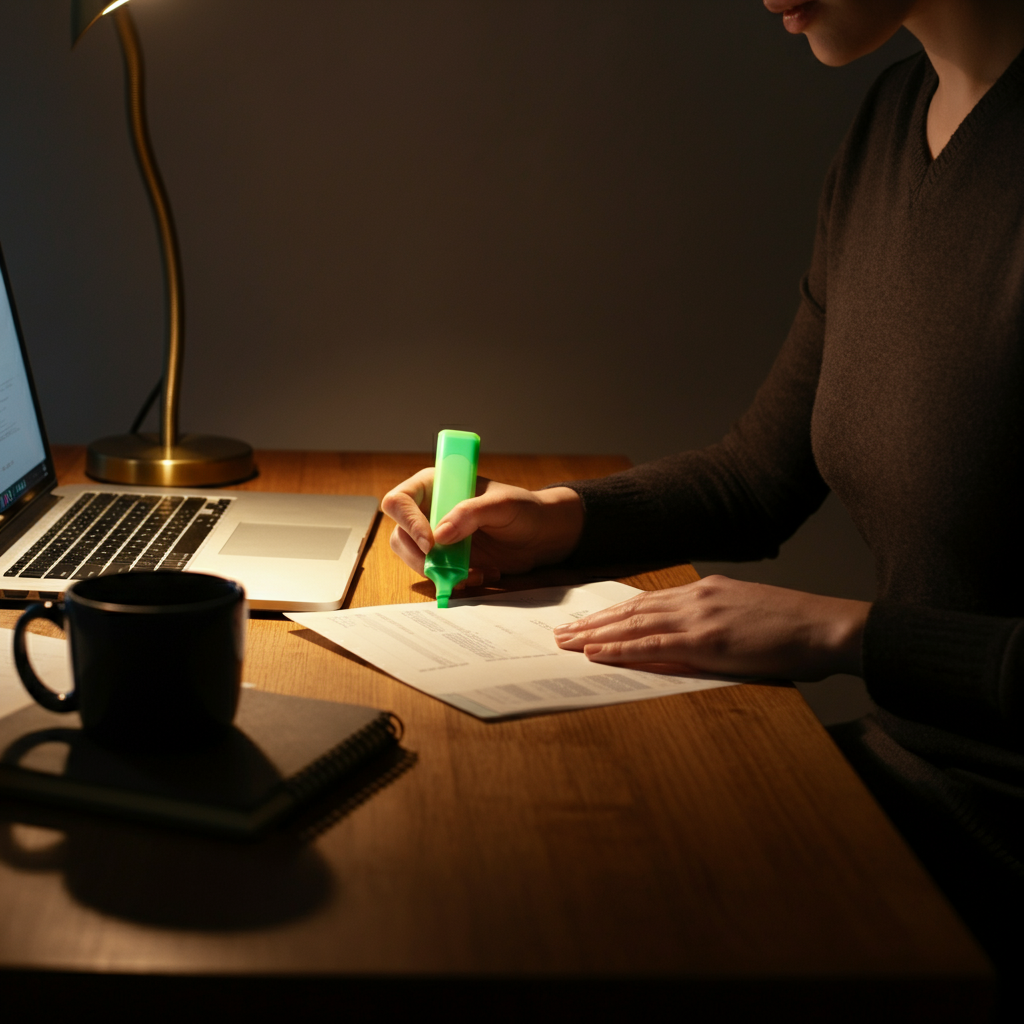 A person sitting at a wooden desk, illuminated by a warm lamp, reviewing bank statements with a highlighter. The desk also has a laptop, a notebook, and a mug of coffee. Soft bokeh in the background.