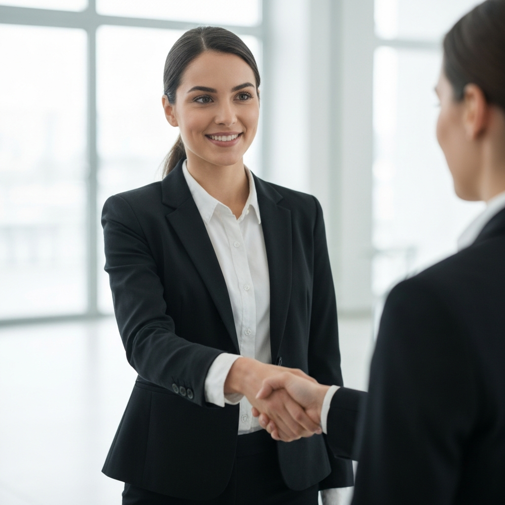 A young professional woman, sharply dressed, confidently shaking hands with a potential employer in a brightly lit modern office space. The background is slightly blurred to emphasize the subjects.