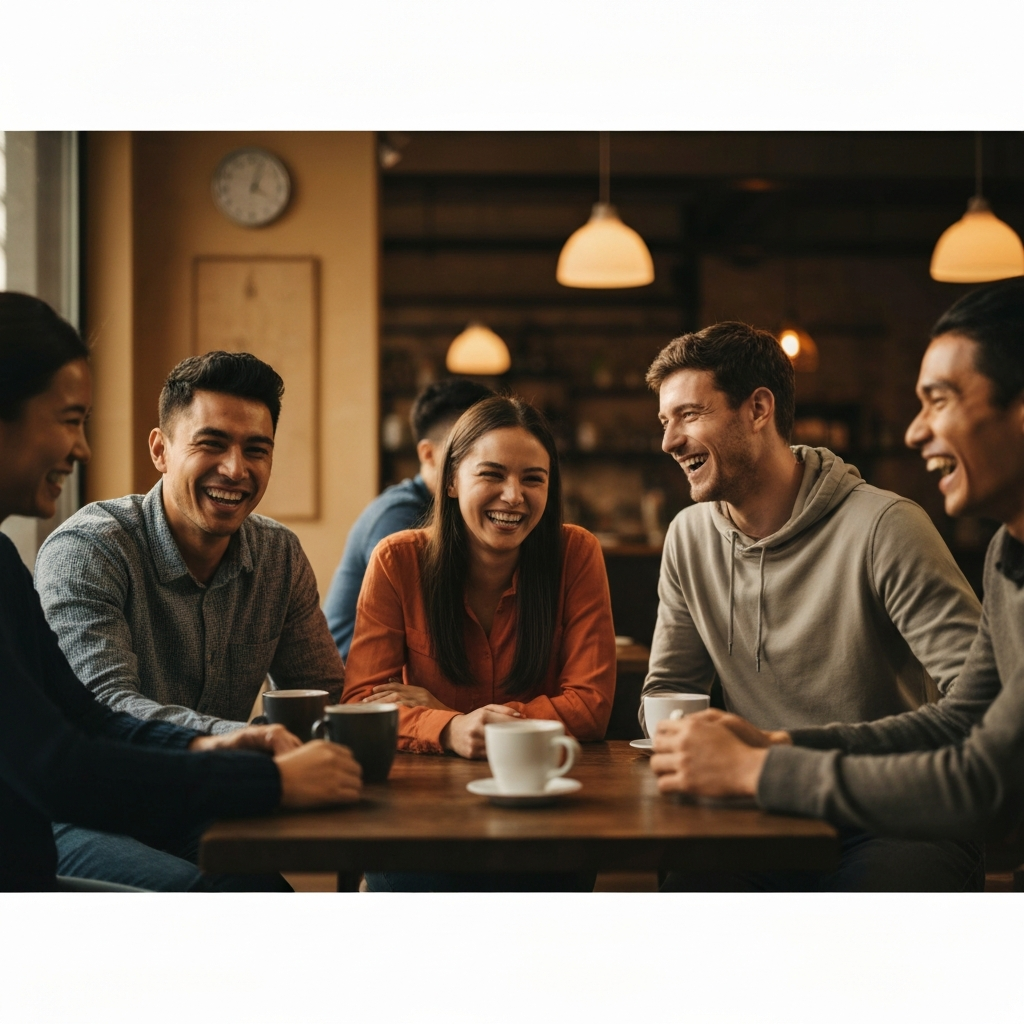 A group of diverse young adults laughing and talking in a cozy, warmly lit café. The focus is on their faces, showing genuine joy and connection.