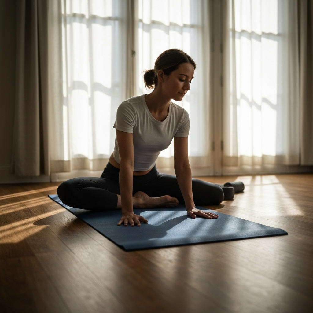A person doing yoga on a mat in a sunlit room with hardwood floors. The scene is peaceful and serene, with soft, diffused light.