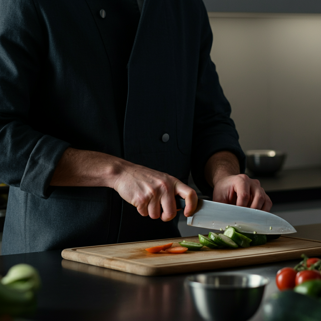 A person in a clean, organized kitchen, chopping vegetables on a cutting board. The lighting is bright and natural, highlighting the freshness of the ingredients.
