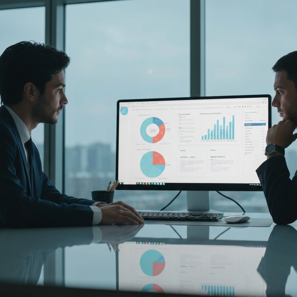 A brightly lit, modern office. Two people are sitting at a desk, looking at a large monitor displaying data charts and audience personas. The light reflects softly off the screen and the polished desk surface.